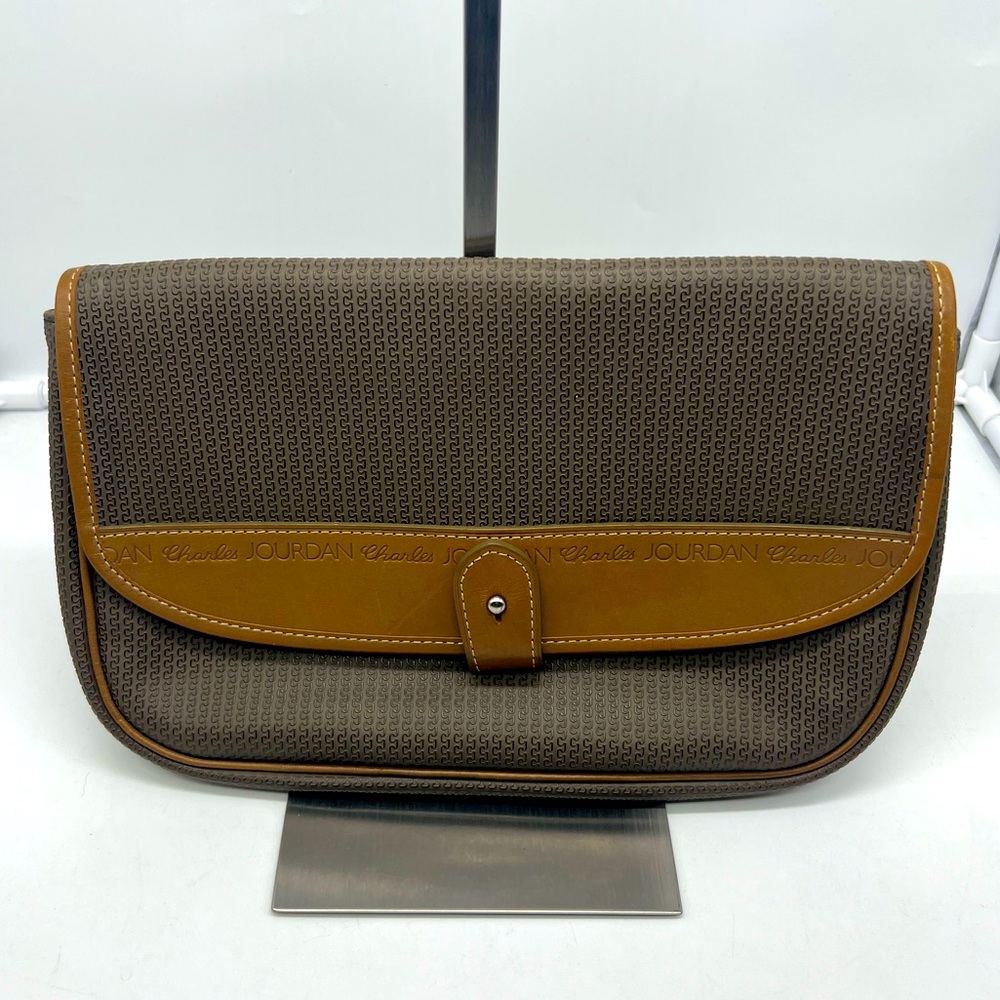 CHARLES JOURDAN Vintage Coated Taupe Brown Monogram Leather Trim Flap Clutch